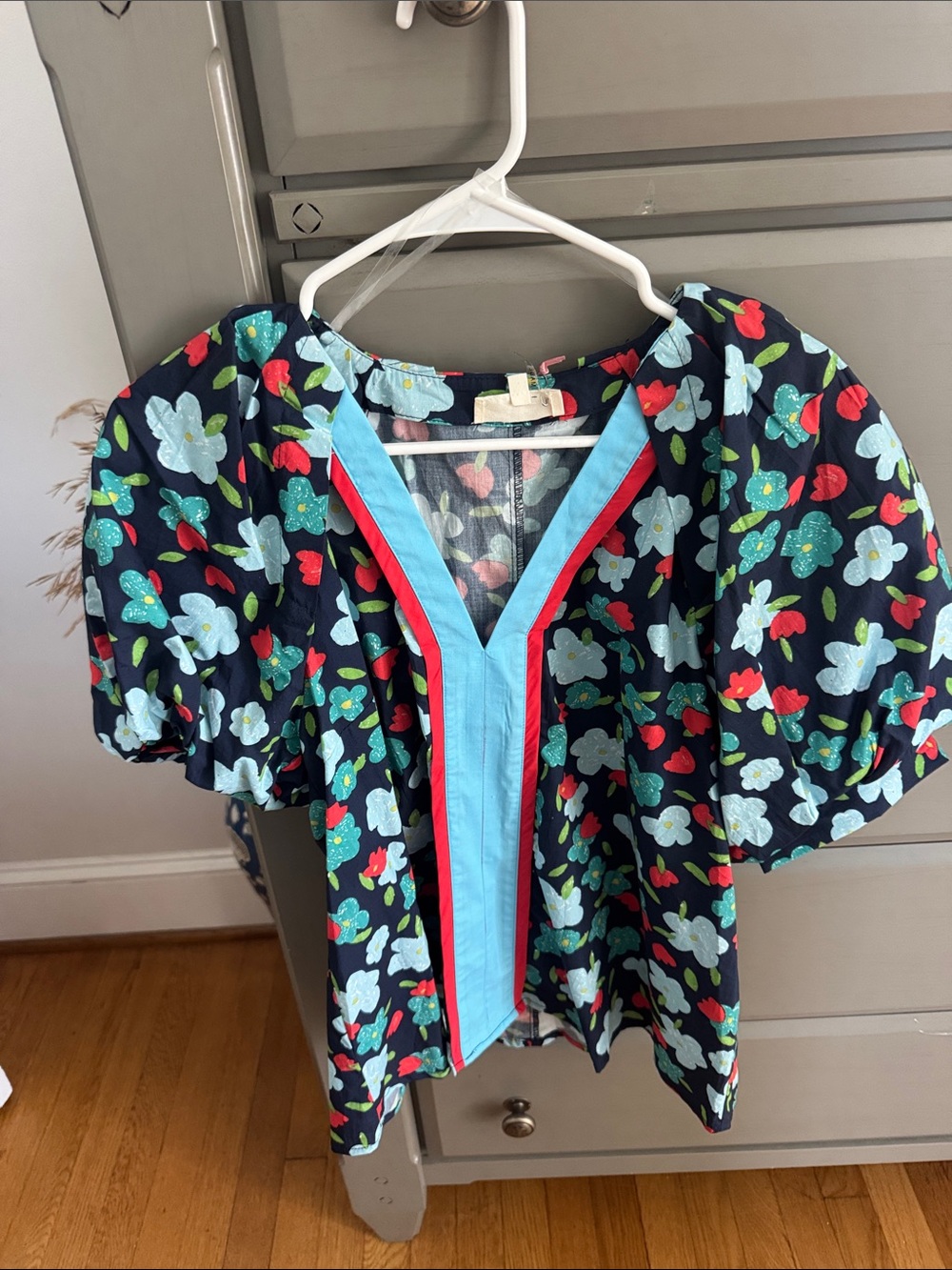 Navy Floral Peasant Top with Red & Light Blue Trim
